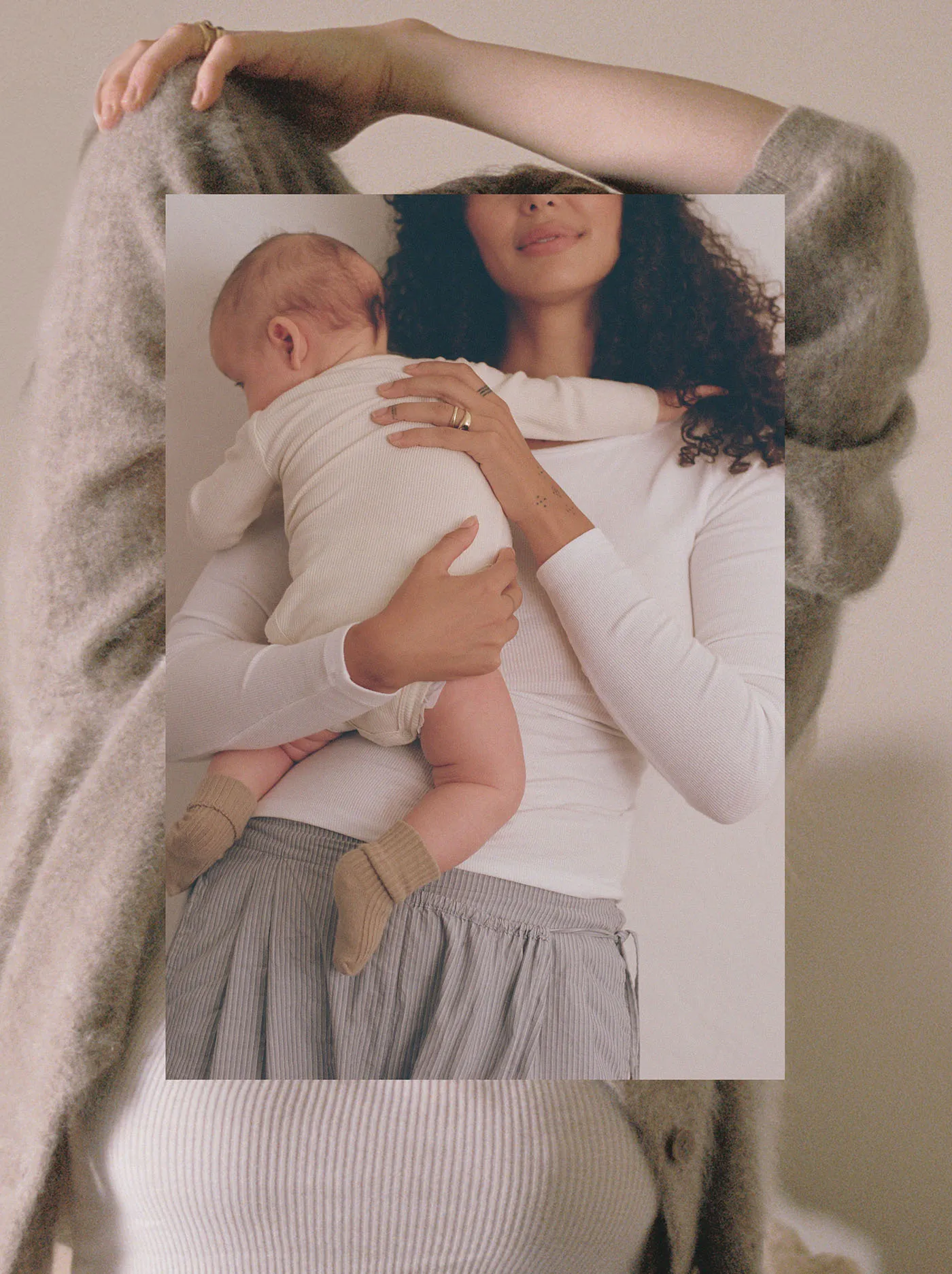 A mother gently holding her baby on her shoulder during a quiet moment at home, overlayed on top of an image of a woman stretching.